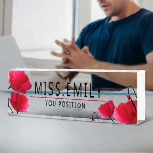 Personalized Bright Red Poppy Floral Acrylic Desk Name Plate
