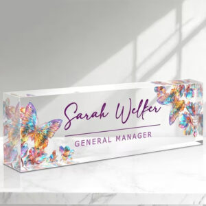 Custom Iridescent Holographic Butterflies Floral Acrylic Desk Name Plate