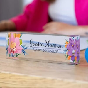 Custom Vibrant Watercolor Tropical Flowers Acrylic Desk Name Plate