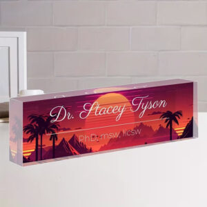 Custom Retro Synthwave Sunset Palm Trees Acrylic Desk Name Plate
