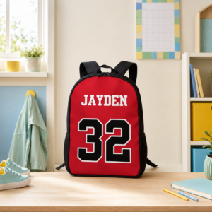 Unique Personalized Backpack Red Athletic Jersey Style for Students and Athletes with Custom Name and Number
