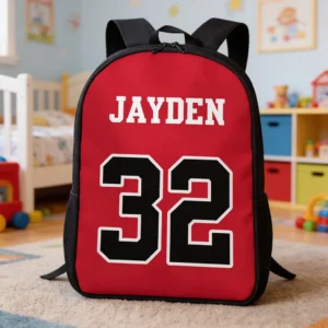 Unique Personalized Backpack Red Athletic Jersey Style for Students and Athletes with Custom Name and Number