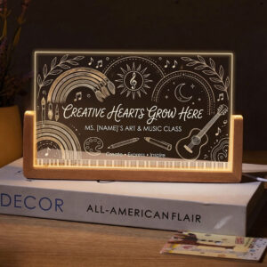 Personalized Boho Creative Hearts Art and Music Teacher Desk Name Plate with LED Base