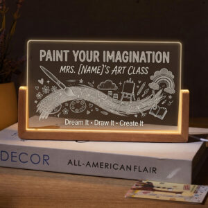 Personalized Rainbow Imagination Art Teacher Desk Name Plate with LED Base
