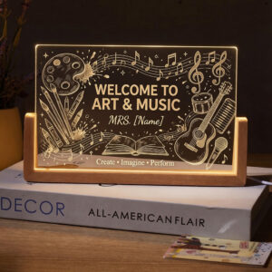 Personalized Art and Music Doodles Teacher Desk Name Plate with LED Base