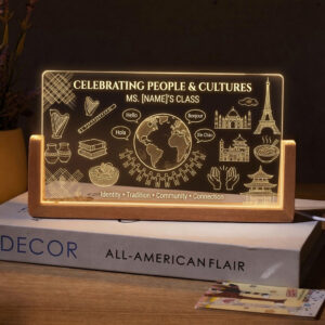 Personalized Boho History and Geography Teacher Desk Name Plate with LED Base