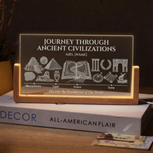 Personalized Multicultural Social Studies Teacher Desk Name Plate with LED Base