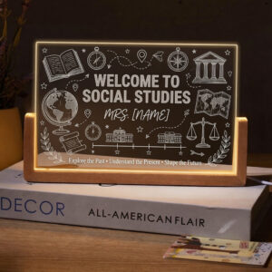 Personalized Social Studies Icons Teacher Desk Name Plate with LED Base