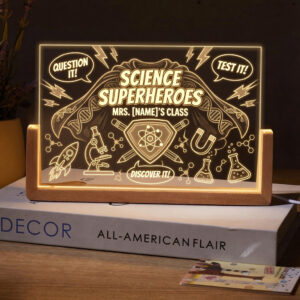 Personalized Science Superhero Teacher Desk Name Plate with LED Base
