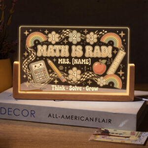 Personalized Groovy Rainbow Math Teacher Desk Name Plate with LED Base