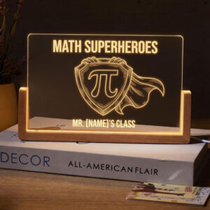 Personalized Minimal Pi Superhero Math Teacher Desk Name Plate with LED Base
