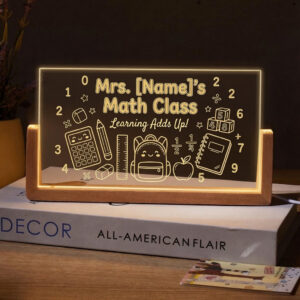 Personalized Cute School Supplies Math Teacher Desk Name Plate with LED Base