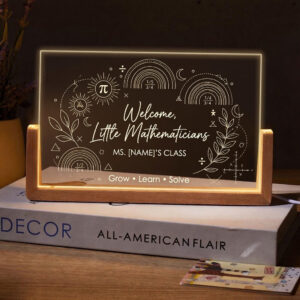 Personalized Boho Rainbow Little Mathematicians Teacher Desk Name Plate with LED Base