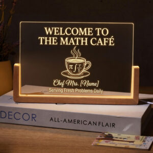 Personalized Minimalist Math Cafe Teacher Desk Name Plate with LED Base