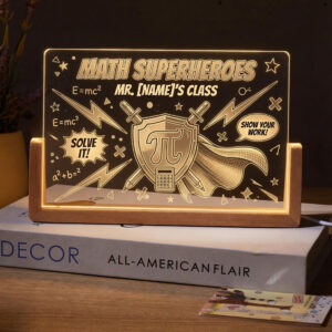 Personalized Pi Superhero Math Teacher Desk Name Plate with LED Base