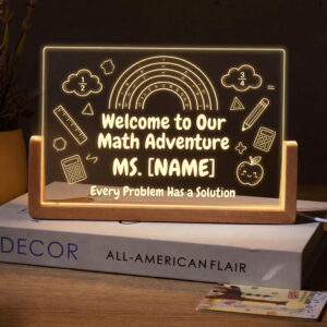 Personalized Rainbow Math Adventure Teacher Desk Name Plate with LED Base