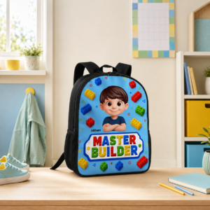Custom Printed Smiling Character and Colorful Blocks Backpack for Students with Personalized Name