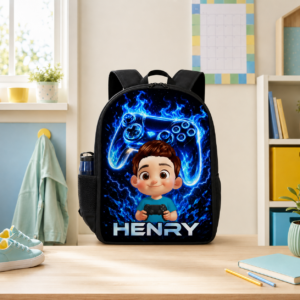Custom Printed Neon Gamer Design Backpack for Students with Personalized Name