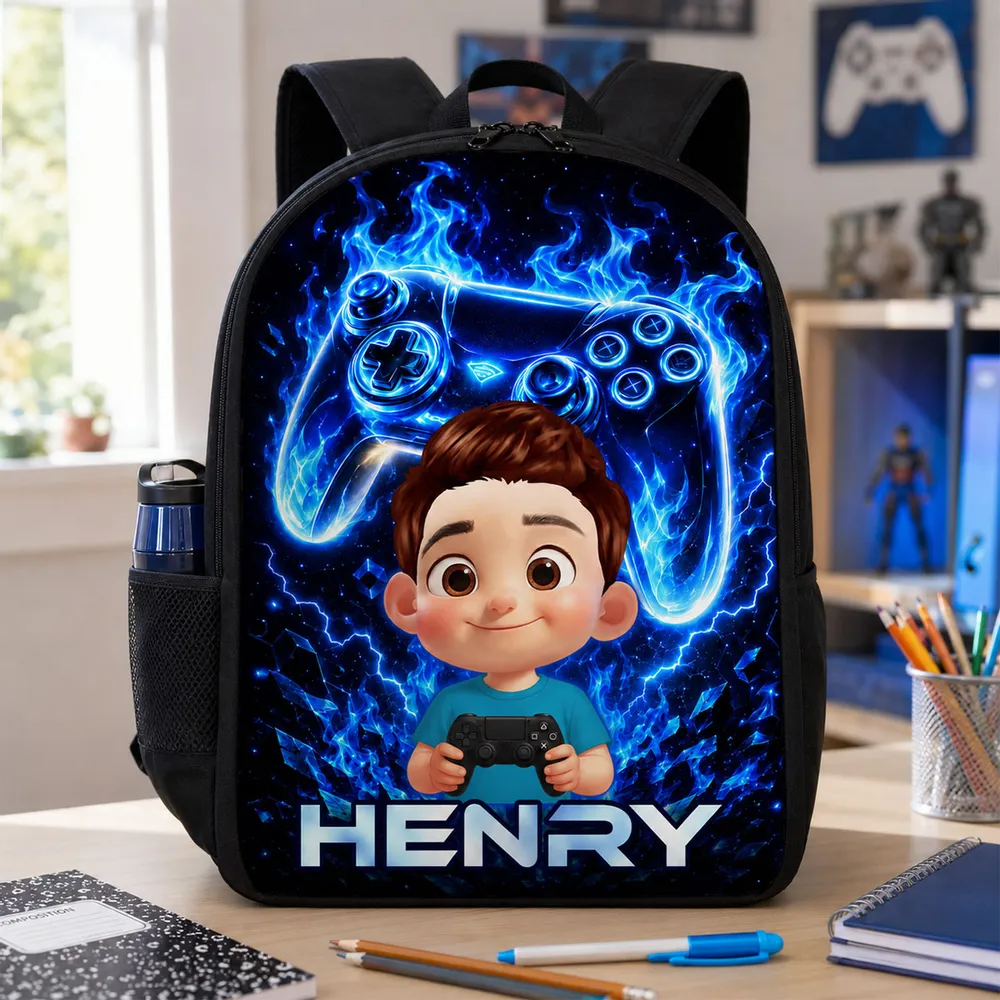 Custom School Backpack Printed Neon Blue Gamer Design for Students with Personalized Name 1 Custom School Backpack Printed Neon Blue Gamer Design for Students with Personalized Name