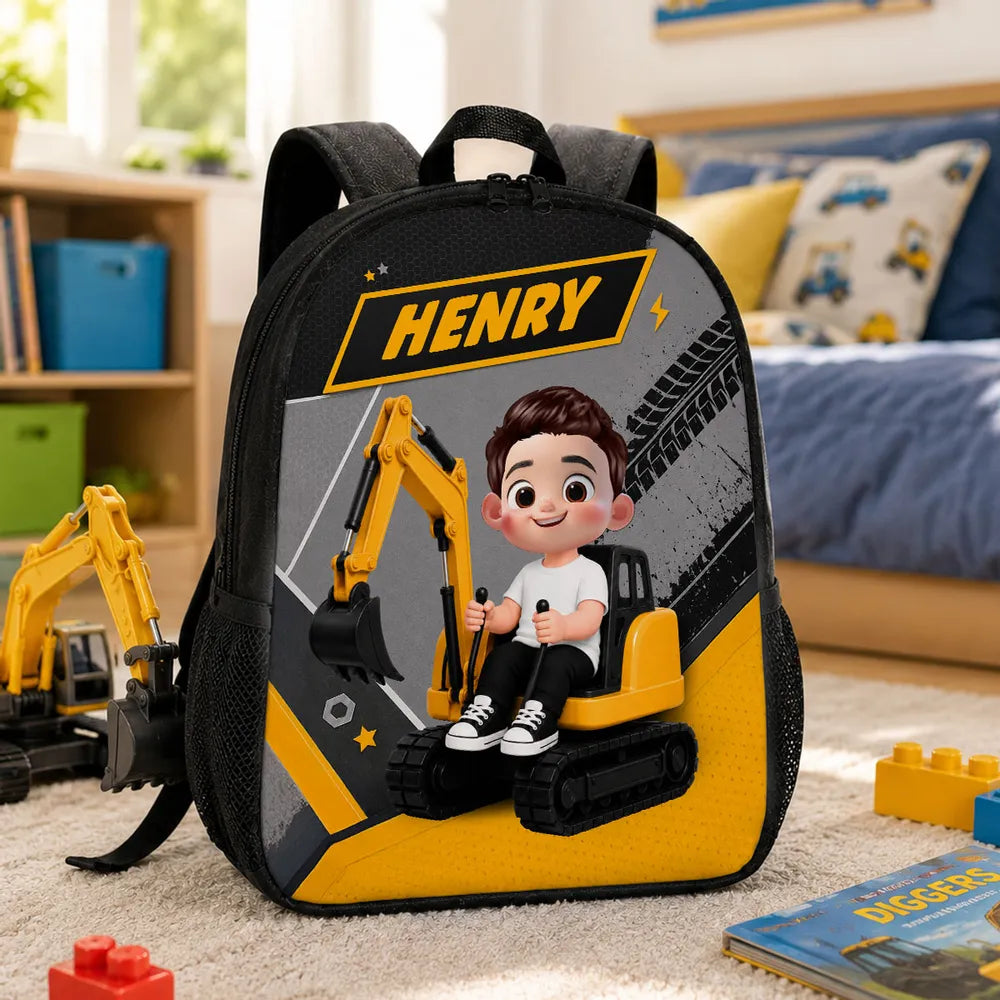 Custom Printed Excavator Ride Backpack for Students and Daycare with Personalized Name 2 Custom Printed Excavator Ride Backpack for Students and Daycare with Personalized Name - Image 2