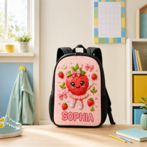 Custom Printed Sweet Strawberry Cartoon Backpack for Students and Daycare with Personalized Name