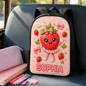 Custom Printed Sweet Strawberry Cartoon Backpack for Students and Daycare with Personalized Name