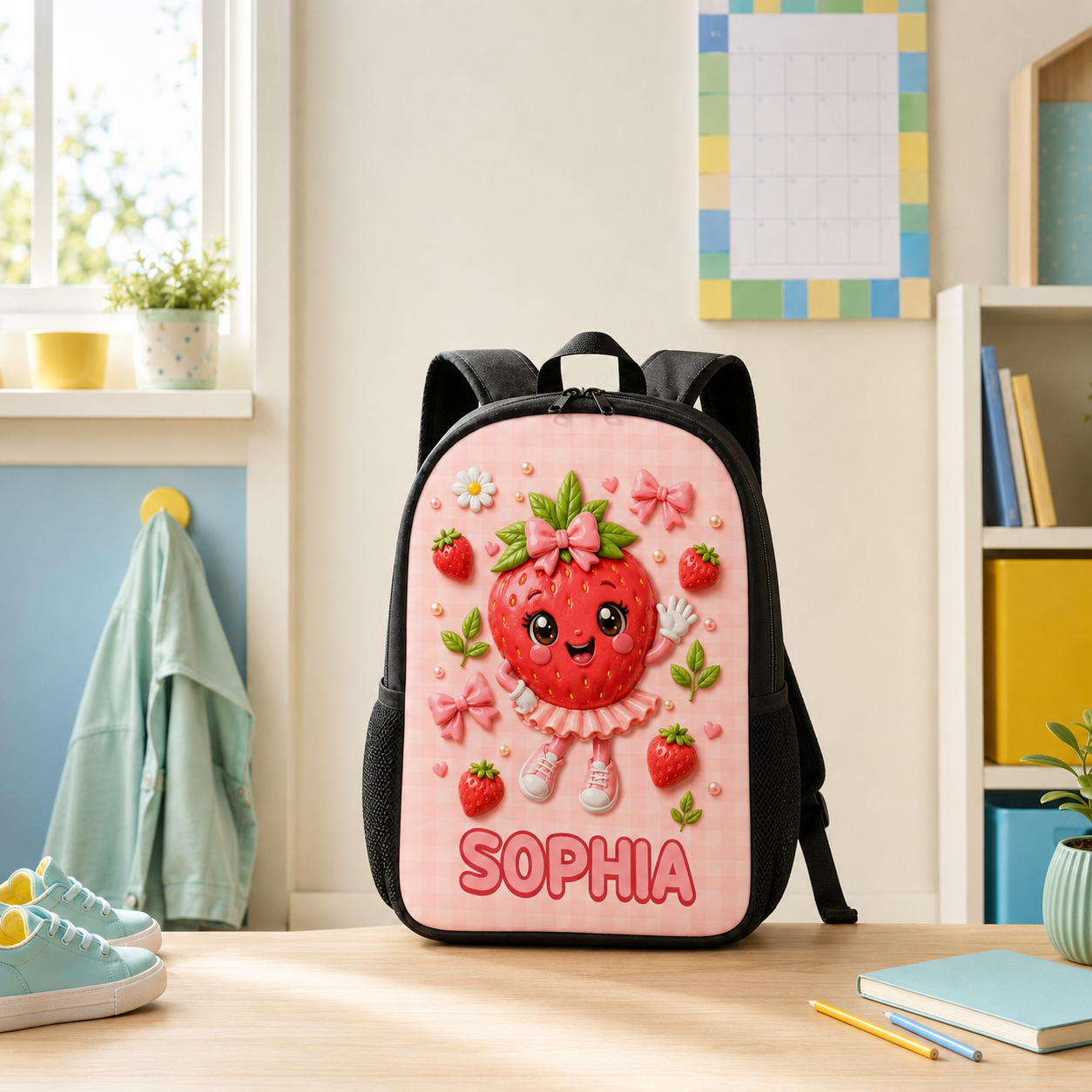 Custom Printed Sweet Strawberry Cartoon Backpack for Students and Daycare with Personalized Name 1 Custom Printed Sweet Strawberry Cartoon Backpack for Students and Daycare with Personalized Name