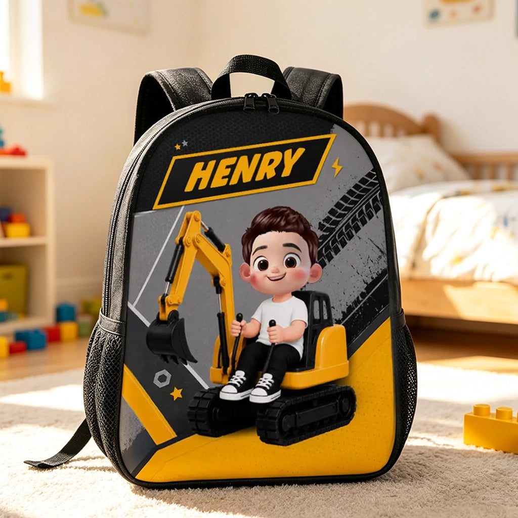 Custom Printed Excavator Ride Backpack for Students and Daycare with Personalized Name 1 Custom Printed Excavator Ride Backpack for Students and Daycare with Personalized Name