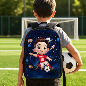 Custom Printed Soccer Space Cartoon Backpack for Students with Personalized Name