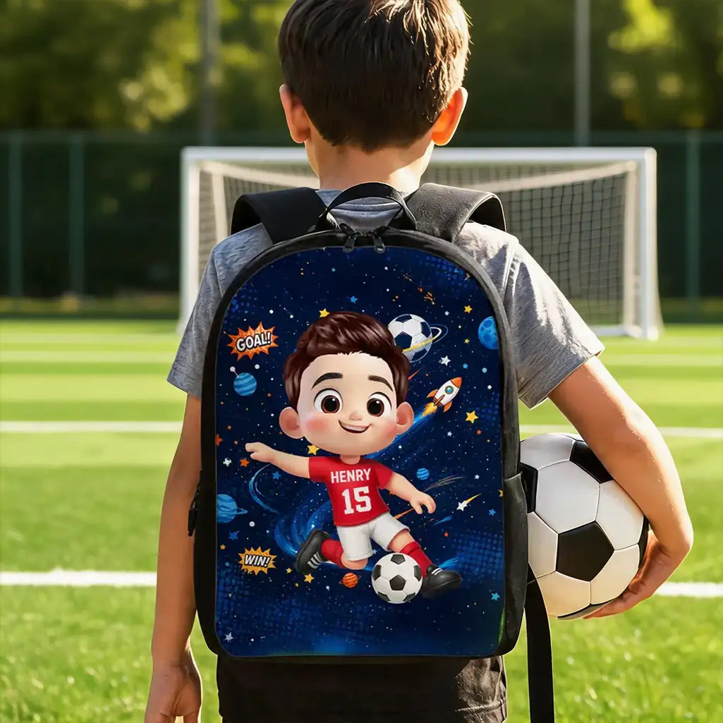 Custom Printed Soccer Space Cartoon Backpack for Students with Personalized Name 1 Custom Printed Soccer Space Cartoon Backpack for Students with Personalized Name