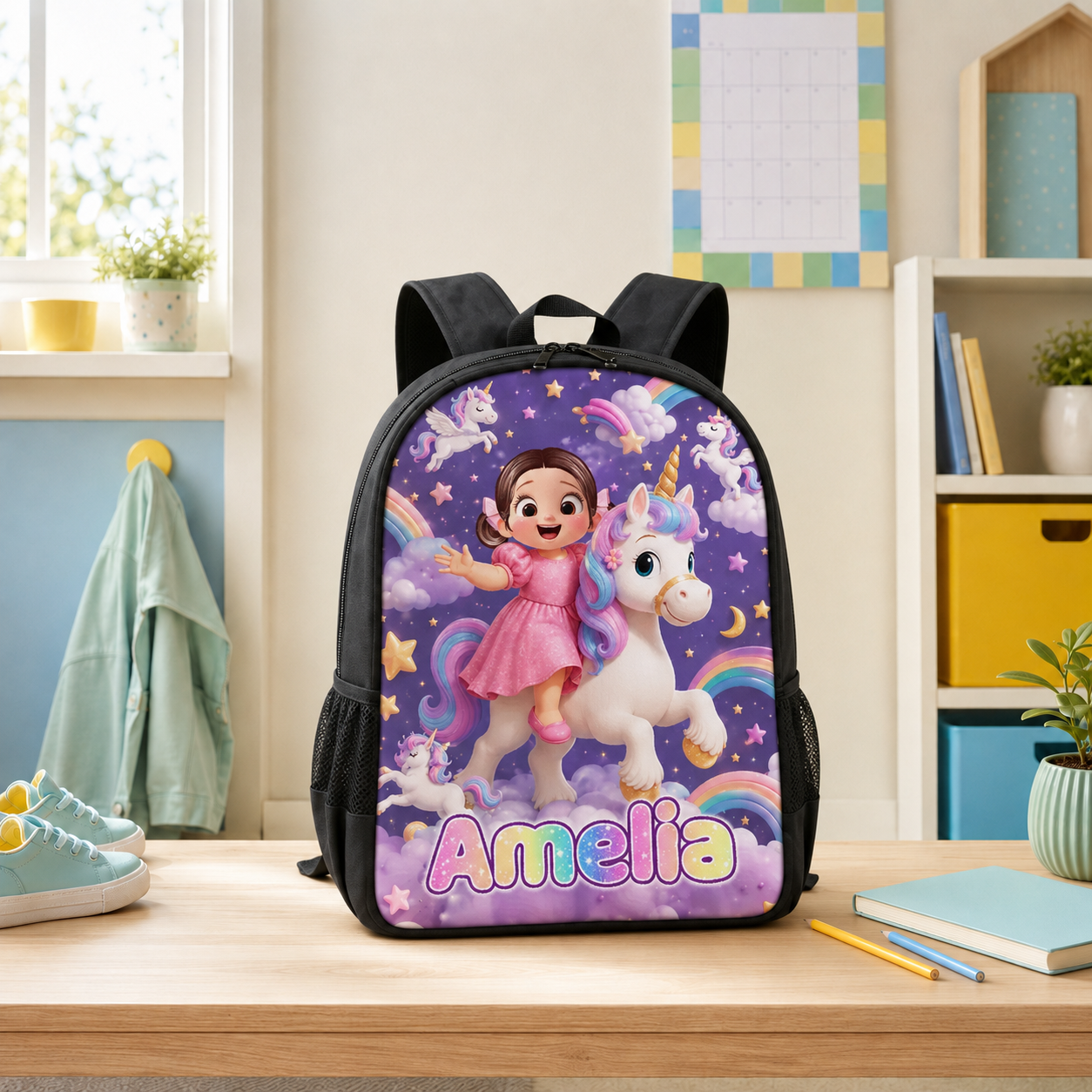 Custom Printed Girl Riding Unicorn Backpack for Students with Personalized Name 1 Custom Printed Girl Riding Unicorn Backpack for Students with Personalized Name