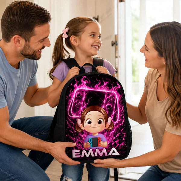 Custom Printed Pink Neon Gamer Girl Backpack for Students with Personalized Name 3 Custom Printed Pink Neon Gamer Girl Backpack for Students with Personalized Name - Image 3