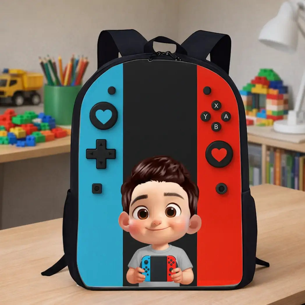 Custom Printed Blue and Red Gamer Controller Backpack for Students with Personalized Name 1 Custom Printed Blue and Red Gamer Controller Backpack for Students with Personalized Name