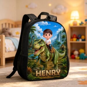 Custom Printed T-Rex Jungle Adventure Backpack for Students with Personalized Name