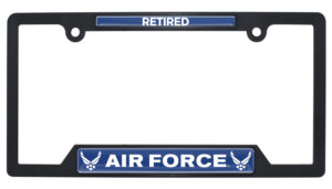 Full-Color Air Force Retired Black Open 2026 License Plate Frame