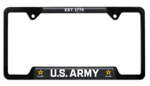 US Army 1775 Military Shiny Black Open Corners 2026 License Plate Frame