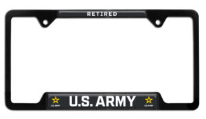 US Army Retired Military Shiny Black Open Corners 2026 License Plate Frame