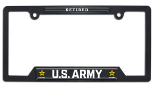 US Army Retired Military Shiny Black Open Corners License Frame.