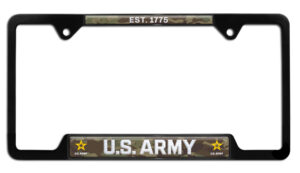 US Army 1775 Military Shiny Black Open Corners 2026 License Plate Frame
