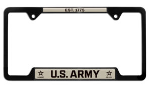 US Army 1775 Military Shiny Black Open Corners 2026 License Plate Frame