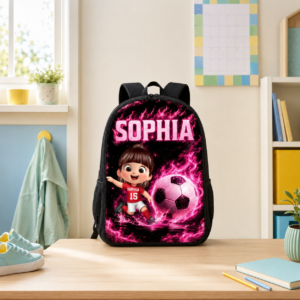 Unique Custom Printed Pink Neon Fire Soccer Backpack for Students and Athletes with Personalized Name