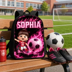 Unique Custom Printed Pink Neon Fire Soccer Backpack for Students and Athletes with Personalized Name