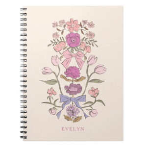 Custom Name Pink and Purple Bows and Blossoms Notebook