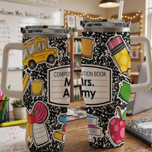 Custom Name School Bus Composition Book Teacher Tumbler