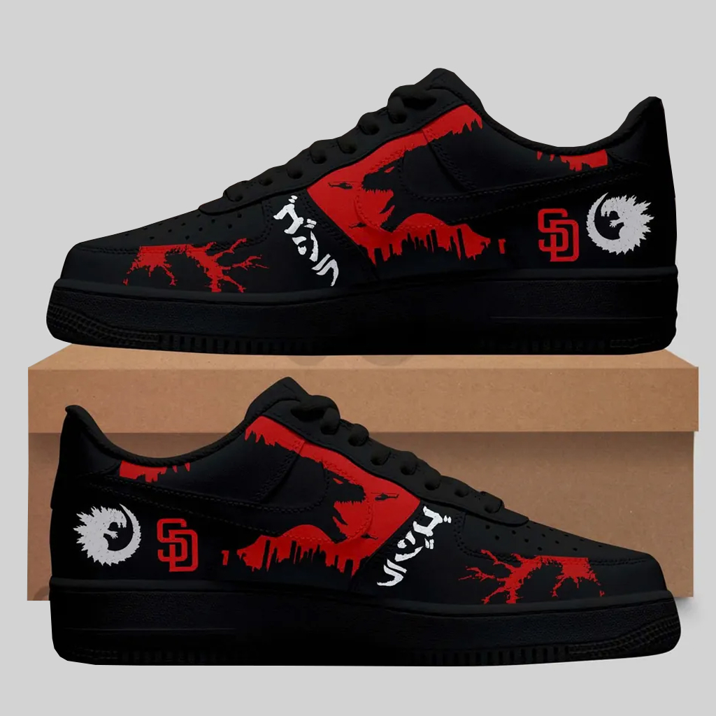 Godzilla x San Diego Padre Black Red Air Force 1 Shoes Sneakers 1 Godzilla x San Diego Padre Black Red Air Force 1 Shoes Sneakers