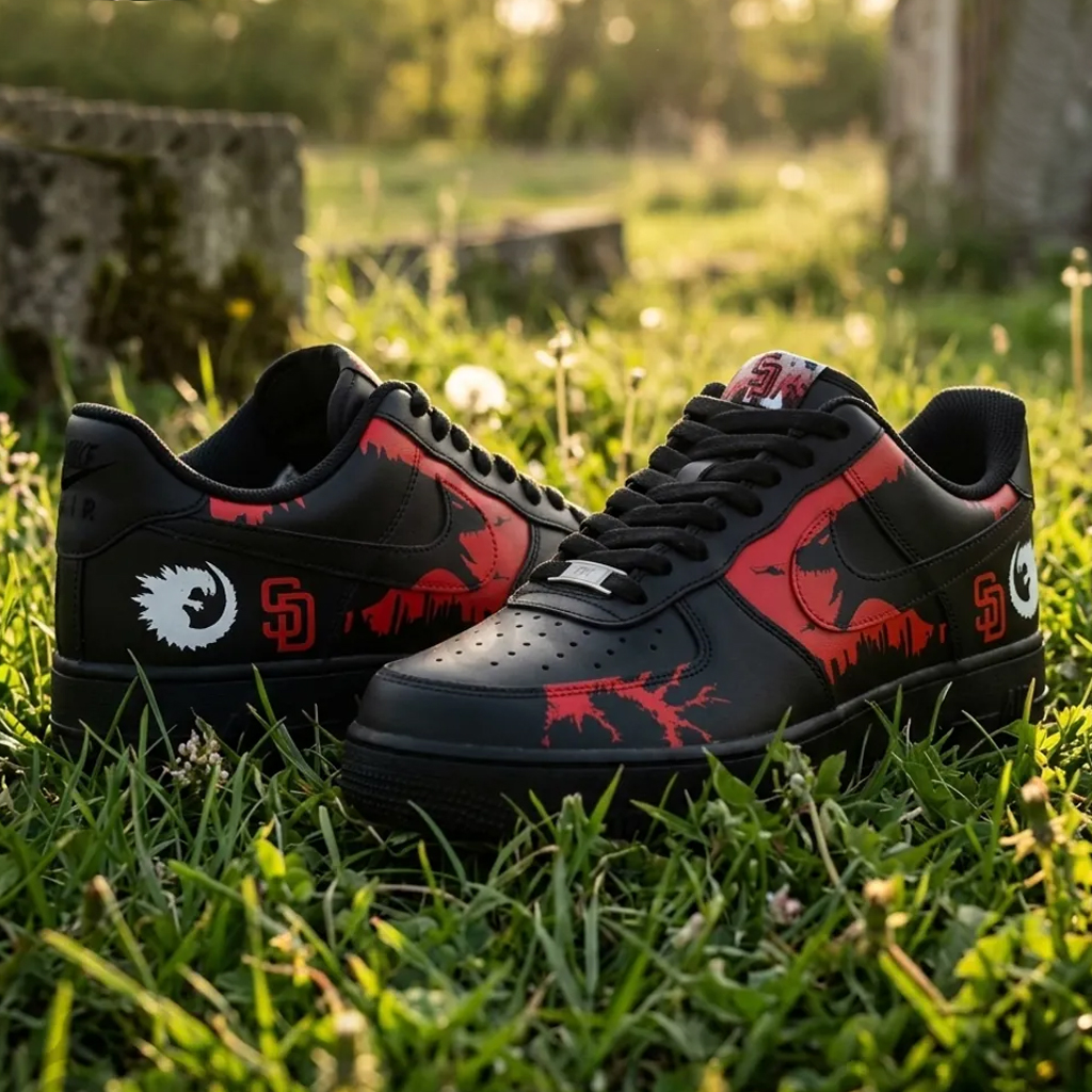 Godzilla x San Diego Padre Black Red Air Force 1 Shoes Sneakers 2 Godzilla x San Diego Padre Black Red Air Force 1 Shoes Sneakers - Image 2