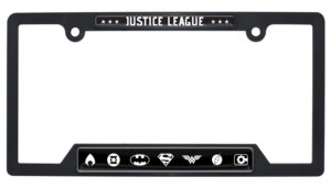 Justice League BAndW Open Corners Black 2026 License Plate Frame