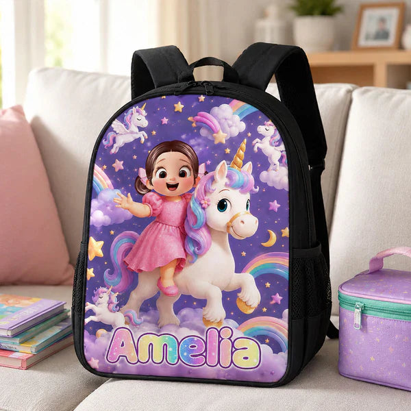 Custom Printed Girl Riding Unicorn Backpack for Students with Personalized Name 2 Custom Printed Girl Riding Unicorn Backpack for Students with Personalized Name - Image 2