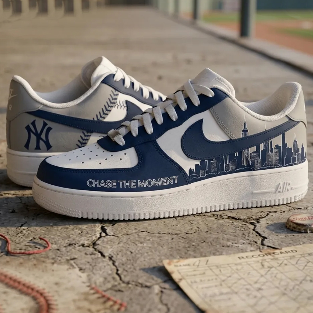 New York Yankees Navy Blue City Skyline Air Force 1 Shoes Sneakers 2 New York Yankees Navy Blue City Skyline Air Force 1 Shoes Sneakers - Image 2