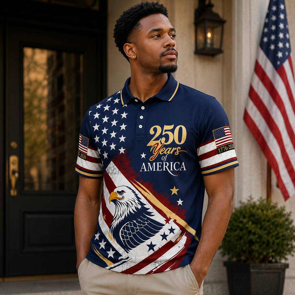 Unisex 250 Years of America Fourth of July Graphic Polo Shirt for Patriotic Fans 1 Unisex 250 Years of America Fourth of July Graphic Polo Shirt for Patriotic Fans